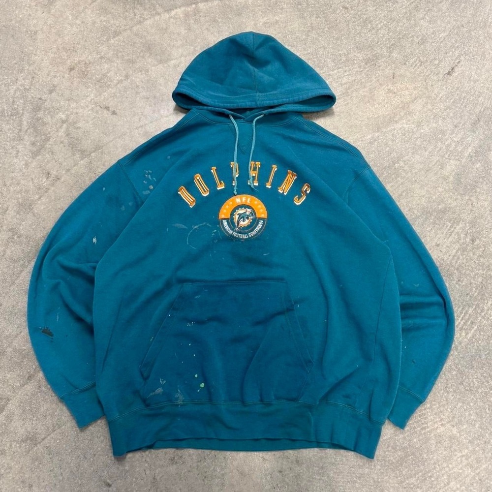Miami Dolphins 90's Hoodie Distressed Teal Lee Sport Pullover Sweatshirt XL